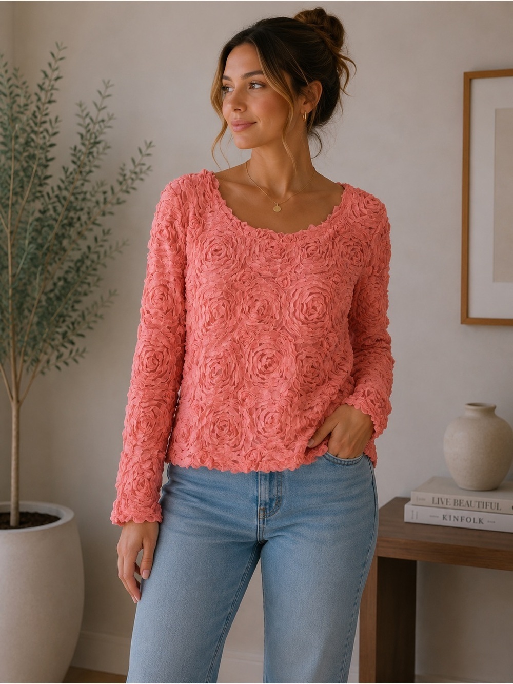Floral 3D Textured Pink Top Size M Cottagecore Feminine Romantic Dressy